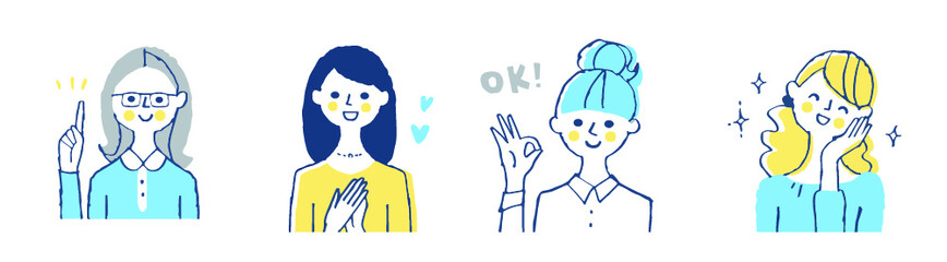 様々なポーズの笑顔の女性　4人