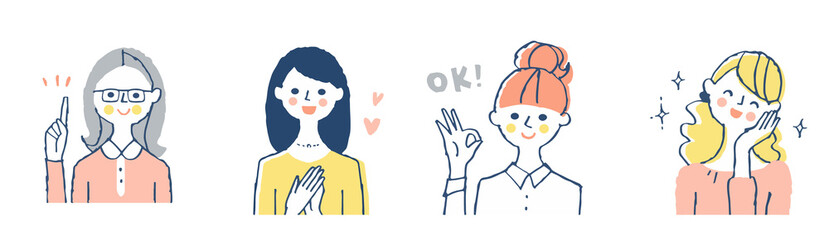 様々なポーズの笑顔の女性　4人