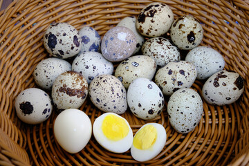 Quail eggs on basket, eco product