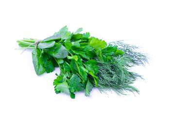 A bunch of fresh herbs. Dill, parsley, spinach. White background.