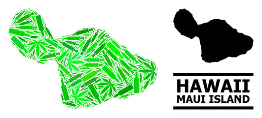 Addiction mosaic and solid map of Maui Island. Vector map of Maui Island is designed from scattered syringes, addict and alcoholic bottles.