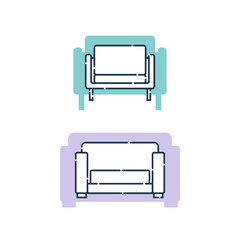 Two comfortable sofa with pillows. Flat illustration with settee on shape background. Modern stylish object for relaxation. Image of couch in line art style. Element furniture of the interior