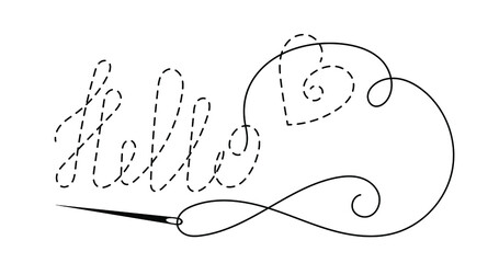 Silhouette of word "Hello" and heart with interrupted contour. Vector illustration of handmade work with embroidery thread and needle on white background.