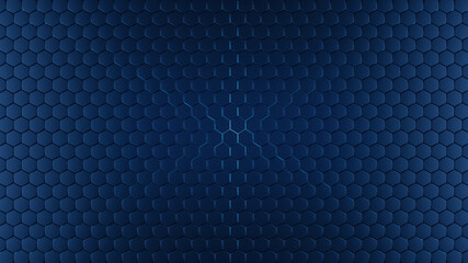 Hexagonal Futuristic Background Design. Honeycomb Texture in Dark Blue Color. 3D Rendering.