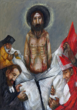 Jesus is stripped of His garments, 10th Stations of the Cross by Sieger Koder in St. Stephen's church in Wasseralfingen, Germany