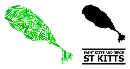 Drugs mosaic and usual map of St Kitts Island. Vector map of St Kitts Island is composed with randomized injection needles, cannabis leaves and alcohol bottles.