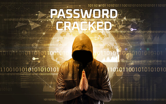 Faceless hacker at work with PASSWORD CRACKED inscription, Computer security concept