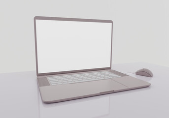 laptop on the reflective gray table, mockup monitor, work at home concept, workplace, 3d render