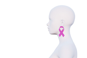 minimal female bald head isolated on white, pink ribbon earrings, side view, breast cancer awareness concept, place for text, 3d render