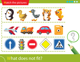Fototapeta premium Logic puzzle for kids. What does not fit? Birds. Transport. Road signs. Education game for children. Worksheet vector design for preschoolers.