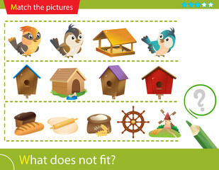 Logic puzzle for kids. What does not fit? Birds. Birdhouses. Bread making. Education game for children. Worksheet vector design for preschoolers.