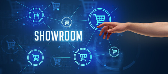 Close-Up of cropped hand pointing at SHOWROOM inscription, online shopping concept