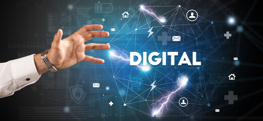 Hand pointing at DIGITAL inscription, modern technology concept