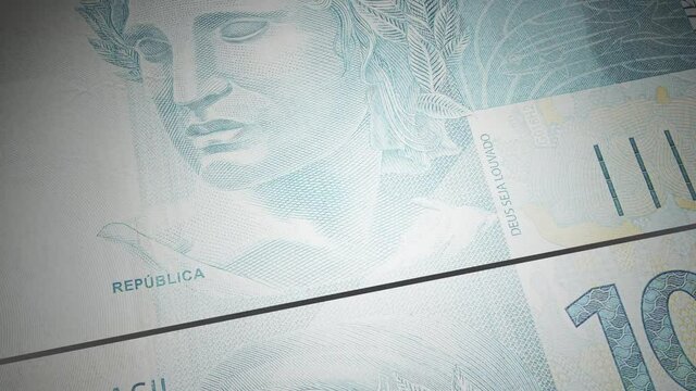 Concept of coin house counting money or printing money. Brazilian one hundred real banknote scrolling on the screen. 3D rendering. Blue note, 100 reais BRL. Slow and fast motion.