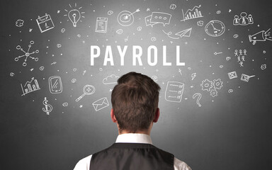 Rear view of a businessman with PAYROLL inscription, modern business concept