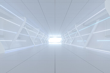 White tunnel with light in the end, 3d rendering.