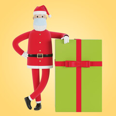 Santa Claus in a mask with a gift box. For Christmas cards, banners and labels. 3D illustration in cartoon style.
