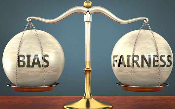 bias and fairness staying in balance - pictured as a metal scale with weights and labels bias and fairness to symbolize balance and symmetry of those concepts, 3d illustration