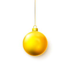 Gold shiny glitter glowing Christmas ball. Xmas glass ball. Holiday decoration template. Vector illustration