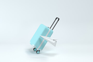 Luggage and paper airplane with white background, 3d rendering.