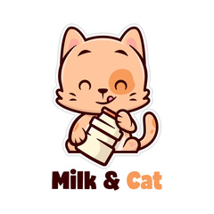 CUTE LITTLE BROWN CAT SMILING AND BRING A BOTTLE OF MILK