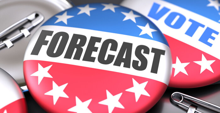 Forecast and elections in the USA, pictured as pin-back buttons with American flag, to symbolize that Forecast can be an important  part of election, 3d illustration