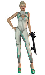 futuristic soldier with a rifle, attractive woman