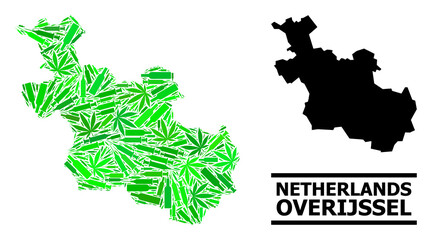 Obraz premium Drugs mosaic and usual map of Overijssel Province. Vector map of Overijssel Province is shaped with randomized vaccine doses, herbal and alcoholic bottles.
