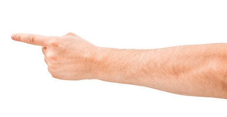 adult man hand show direction, isolated on white