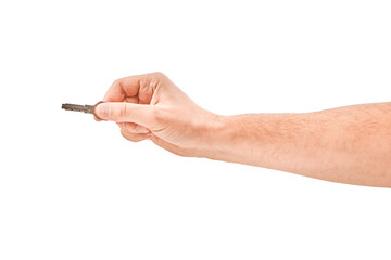 Male hand holding a key to the house, isolated over a white background.