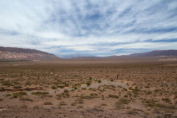 Death valley. View of the arid desert, sand, colorful hills and vegetation under a beautiful sky.