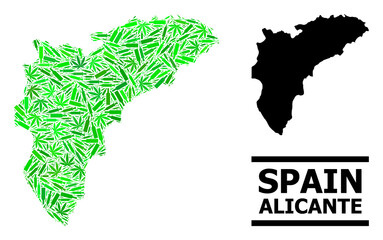 Obraz premium Addiction mosaic and solid map of Alicante Province. Vector map of Alicante Province is organized of random vaccine symbols, addict and alcohol bottles.