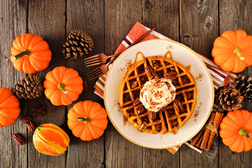 Pumpkin spice waffle with whipped topping, caramel and pecans. Overhead view table scene on a dark wood background. Fall breakfast concept.