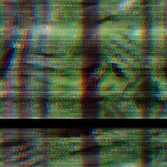 Seamless techno glitch RGB monitor noise. High quality illustration. Repeat bad data pattern. Futuristic distorted signal computer screen failure. Red green and blue distortion texture effect.