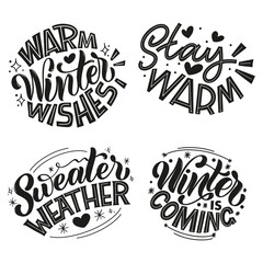 Handwritten winter lettering set. Winter and New Year card design elements. Typographic design. Vector illustration.