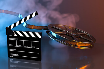 Clapper board and film tape with dark background, 3d rendering.