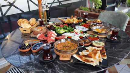 Turkish breakfast table in restaurant