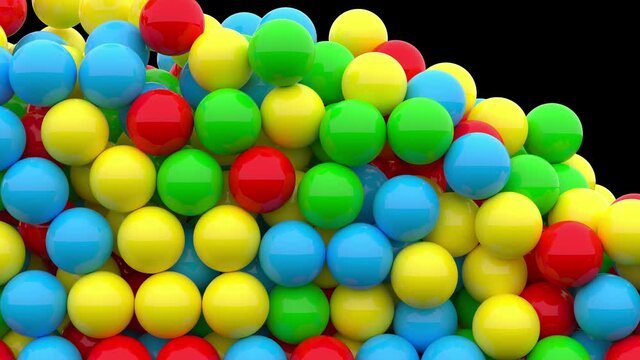 3D Colorful plastic balls pouring a pool / screen on a black background with alpha matte. Candy / dragee filling a screen. Falling colored pills.	