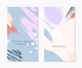 Set of editable insta story templates with copy space for text.Modern vector layouts with hand drawn brush strokes and textures.Trendy design for social media marketing,digital post,prints,banners.