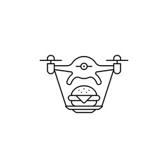 Air drone with burger on tray fast delivery outline icon. Online delivery icon in line style