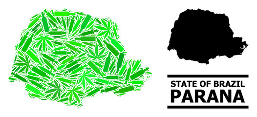 Addiction mosaic and solid map of Parana State. Vector map of Parana State is formed of random vaccine symbols, dope and alcoholic bottles.