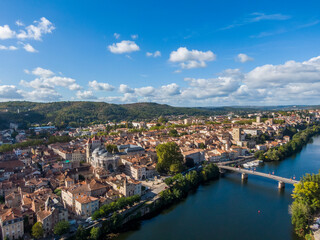 Fototapeta na wymiar Aerial panorama of medieval houses in the old town of Cahors, France