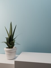 Minimal cosmetic background for product presentation. White podium and plant in a pot on the side. Blue background. 3d render illustration