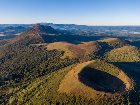 Aerial panorama of Puy Pariou and Puy de Dome volcanoes in France