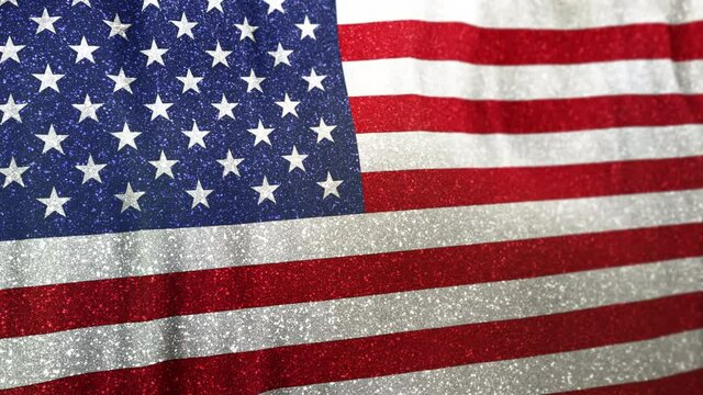 Stars and Stripes in a glamourous and bright style. Fashionable concept loop animation of a full-screen glittery national flag of USA seamlessly waving in the wind. 