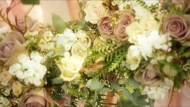 Slow motion shot of pink, white, and yellow rose bouquets being shaken by bridesmaids