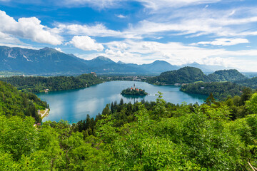 Naklejka na ściany i meble Summer Lake Bled from viewpoint Ojstrica, Slovenia