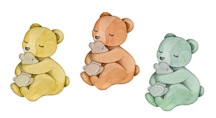 Cute cartoon little teddy bears, mummy and baby. Watercolor illustration for children, isolated.