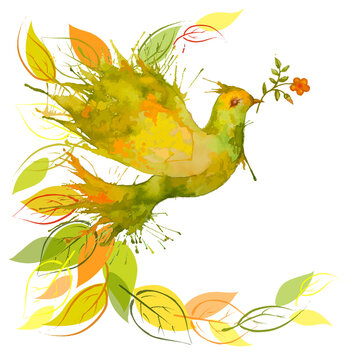 Watercolor green dove flying with flower branch and orange leaves - autumn vibes background