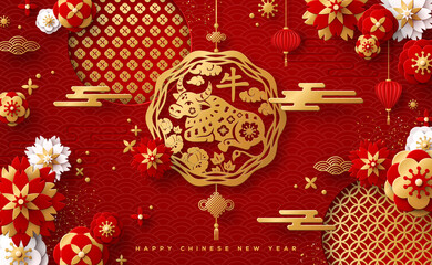 Chinese Greeting Card with Zodiac Symbol for 2021 New Year. Vector illustration. Golden Bull in Emblem, Flowers and Asian Elements on Red Background. Hieroglyph Translation: in Pendant - Ox.